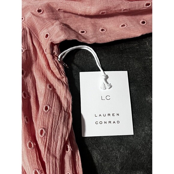 Lauren Conrad Sz. Large Pink Eyelet Fit Flair Ruffle Peasent Cottage Lined Dress - Picture 4 of 9